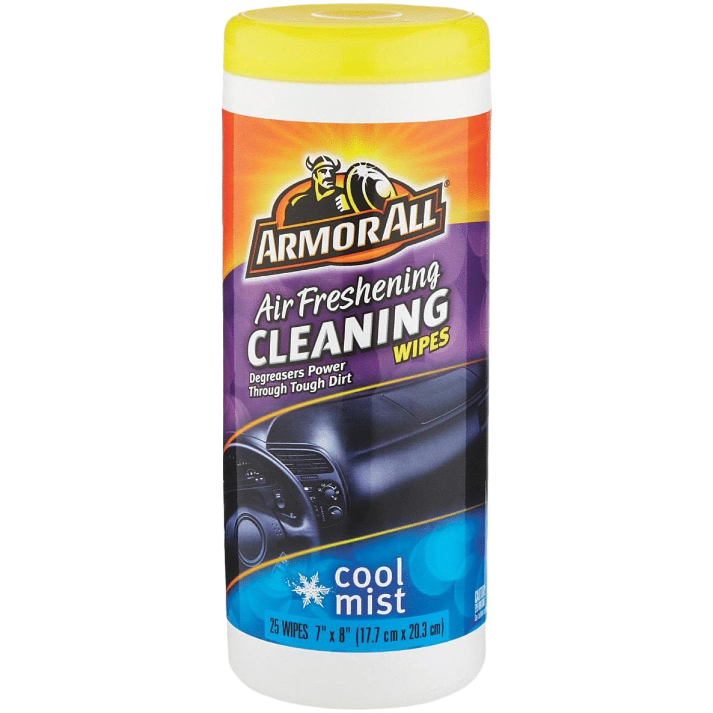 Cylindrical container of Armor All cool mist air freshening cleaning wipes for automotive and household cleaning supplies