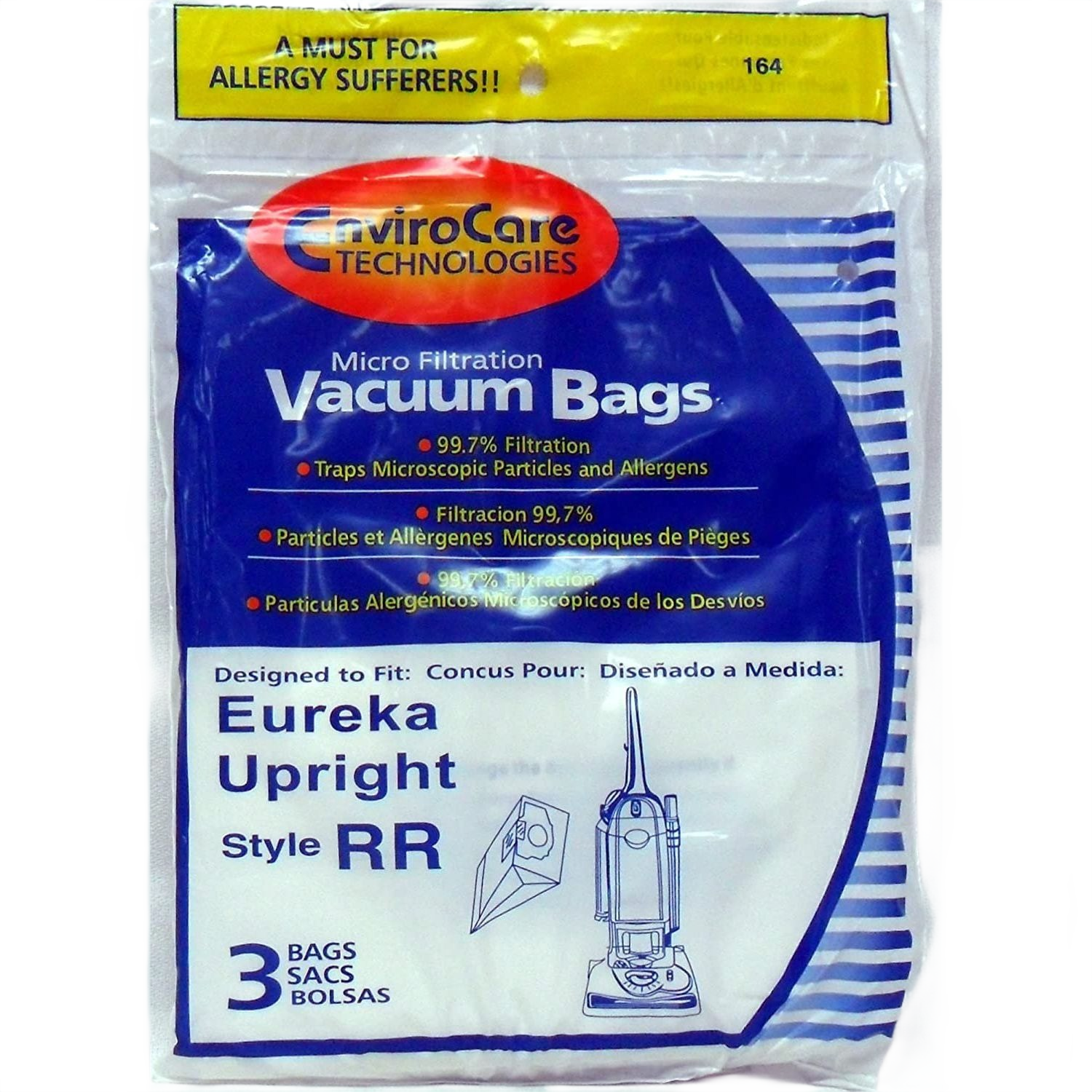 Pack of three vacuum bags with micro filtration capturing 99.7% of allergens and particles for home cleaning tasks