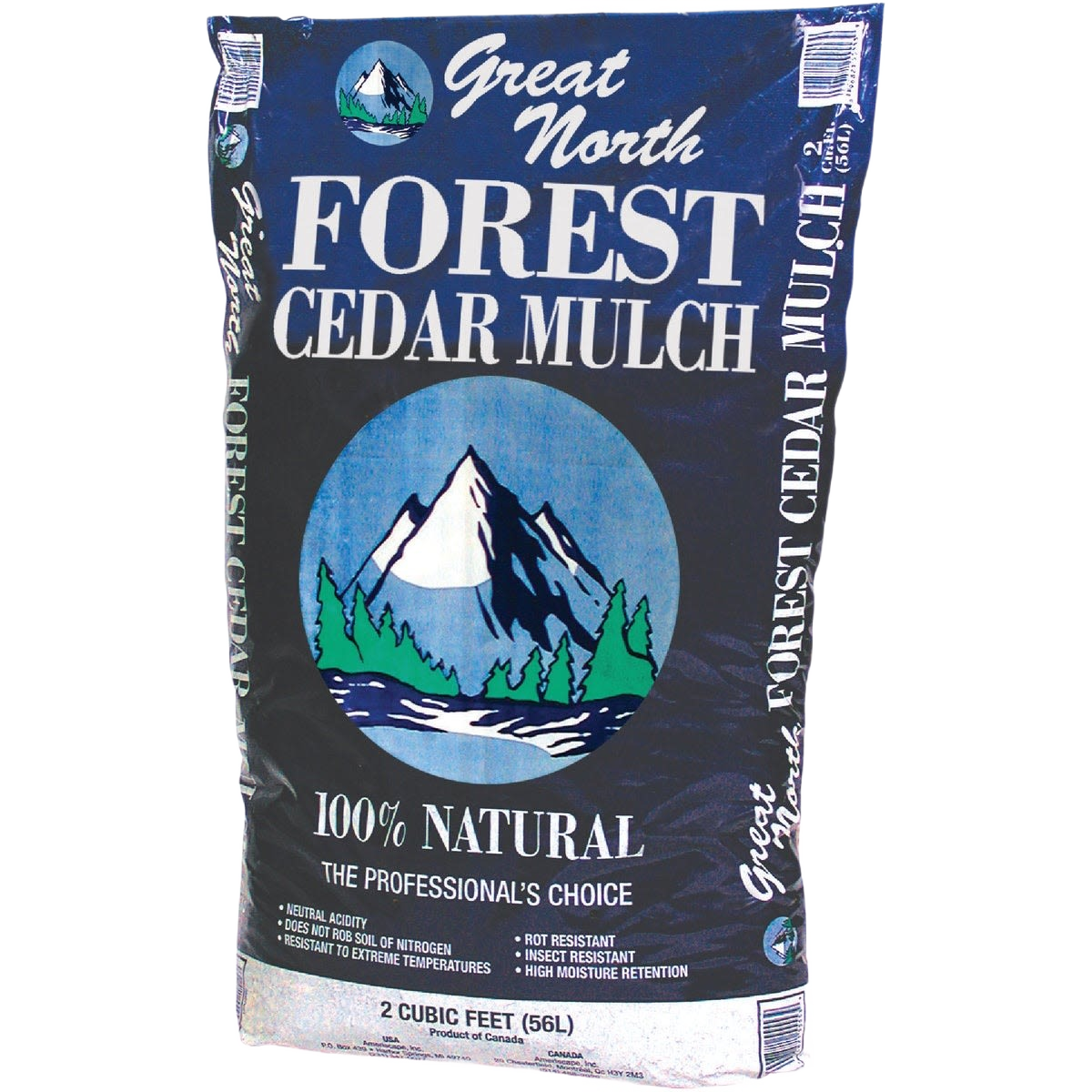 Bag of Great North cedar mulch with mountain and forest graphic for landscaping and gardening projects
