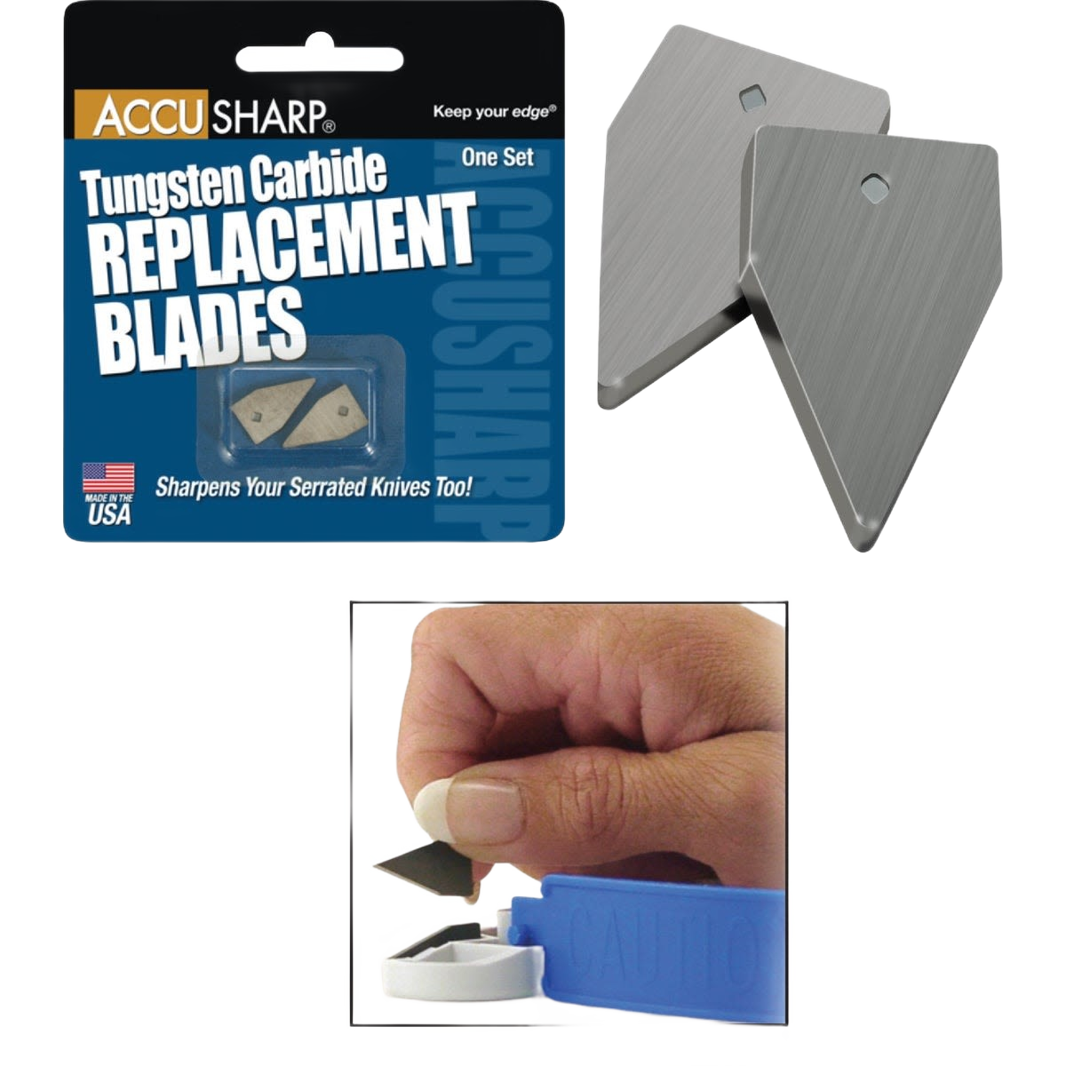 Replacement tungsten carbide blades with a hand inserting one into a blue sharpening tool for home improvement use