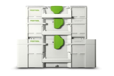 Stacked white and green modular Festool tool storage system for workshop and jobsite organization tasks