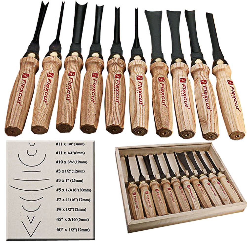 Set of ten wood carving chisels with wooden handles and black metal blades displayed with cutting guides and wooden storage box