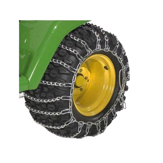 Tire with heavy-duty metal chain set installed for enhanced traction and durability in tough outdoor conditions