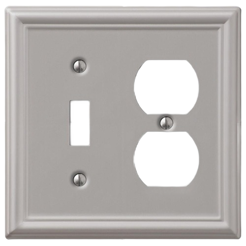 Brushed nickel toggle and outlet wall plate with stamped steel design for electrical and home improvement collections under $50