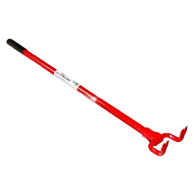 Red curved pry bar with ergonomic black grip, designed for deck board removal with minimal joist damage, part of hand tools and woodworking rentals at Hartville Hardware.