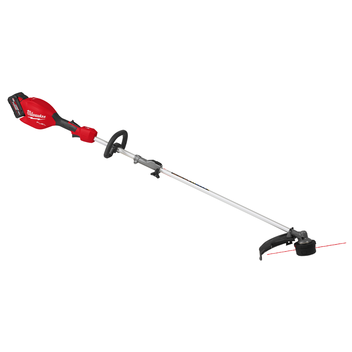 Red and black cordless string trimmer featuring extended shaft and handle for outdoor tools and home improvement use
