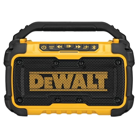 Portable yellow and black Bluetooth speaker with handle and easy-access control buttons for jobsite use in tools and home improvement