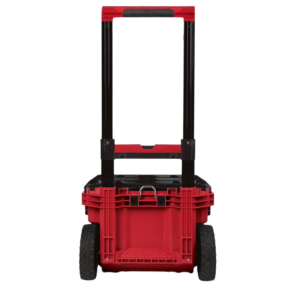 Red and black Milwaukee PACKOUT™ rolling tool box with industrial handle and rugged wheels for workshop and jobsite organization