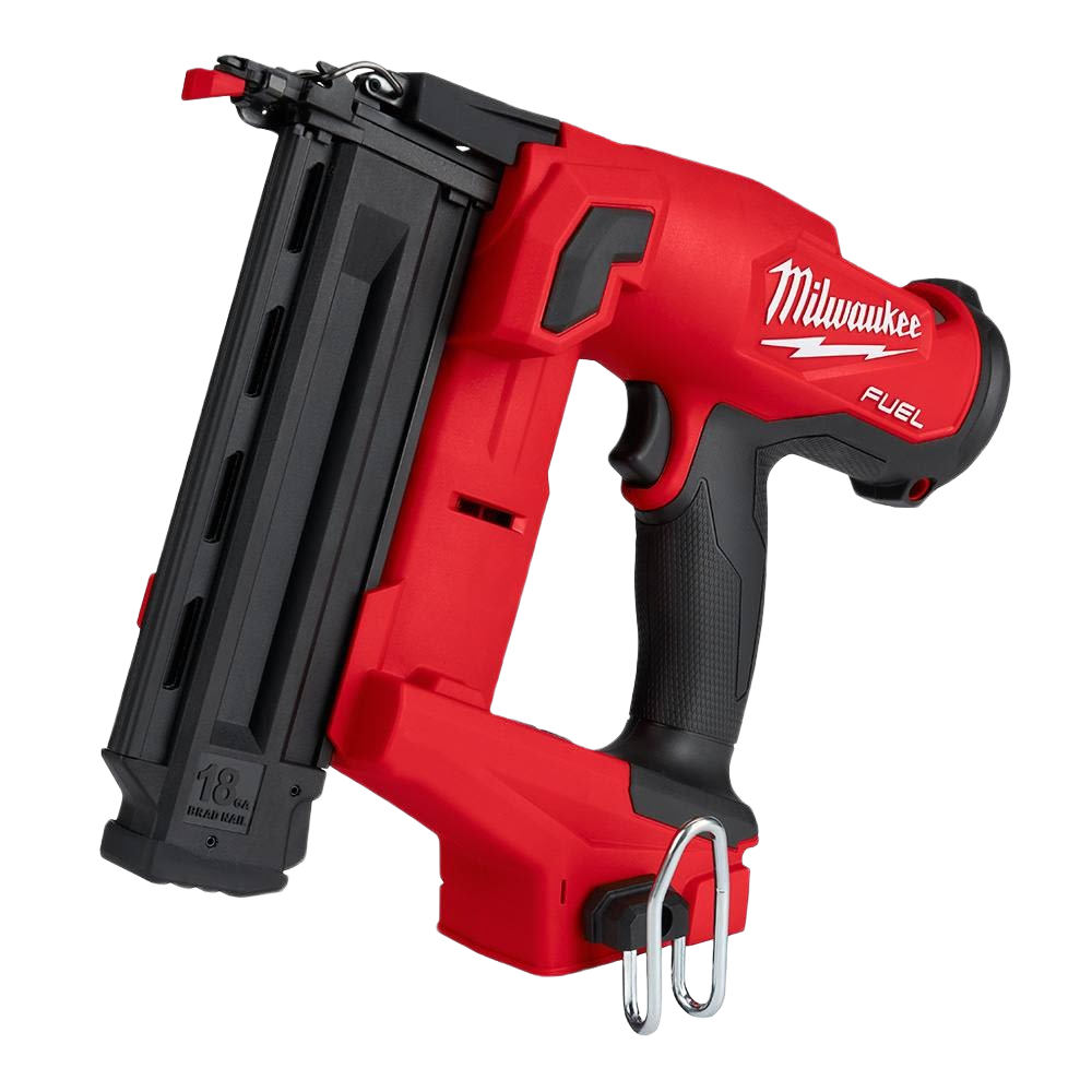 Red and black 18-gauge cordless brad nailer from Milwaukee for woodworking and fastening tools collection