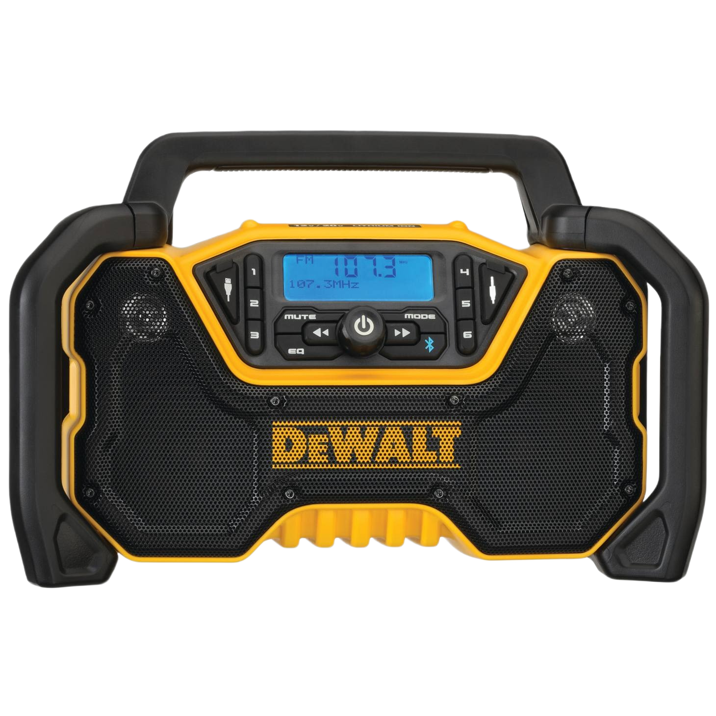 Portable yellow and black DEWALT jobsite radio with Bluetooth, digital display, and rugged protective housing for tools and home use