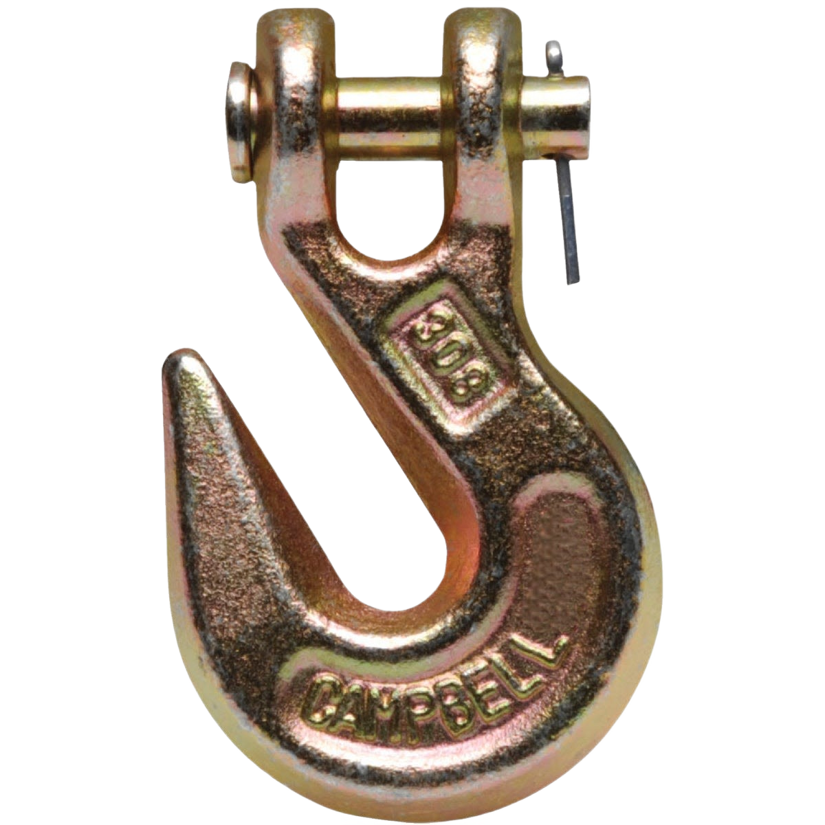 Forged steel clevis hook with pin and safety clip, designed for rope and chain fastening in hardware collections under $50