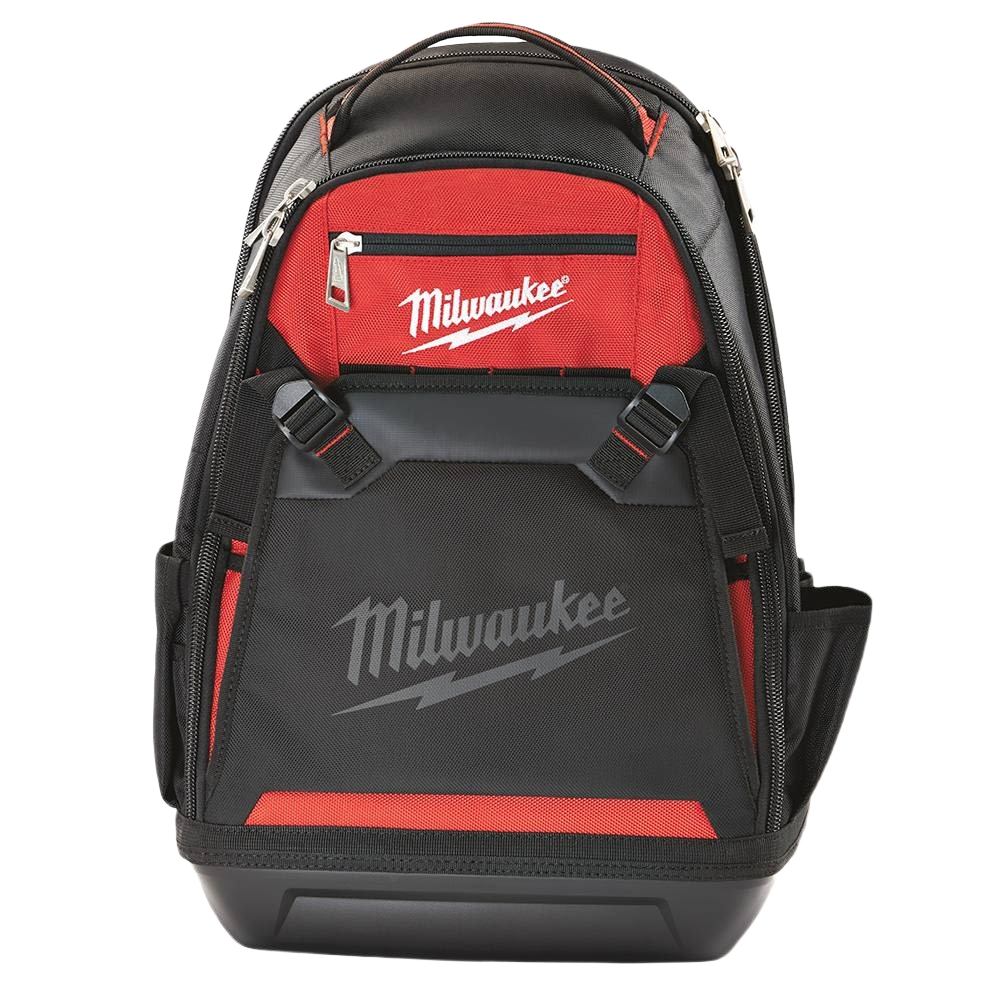 Heavy-duty red and black Milwaukee Jobsite Backpack with molded base for tool storage and workshop organization