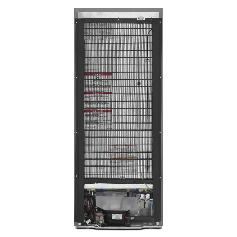 Rear view of a small top-freezer refrigerator showing condenser coils and compressor for kitchen appliances collection