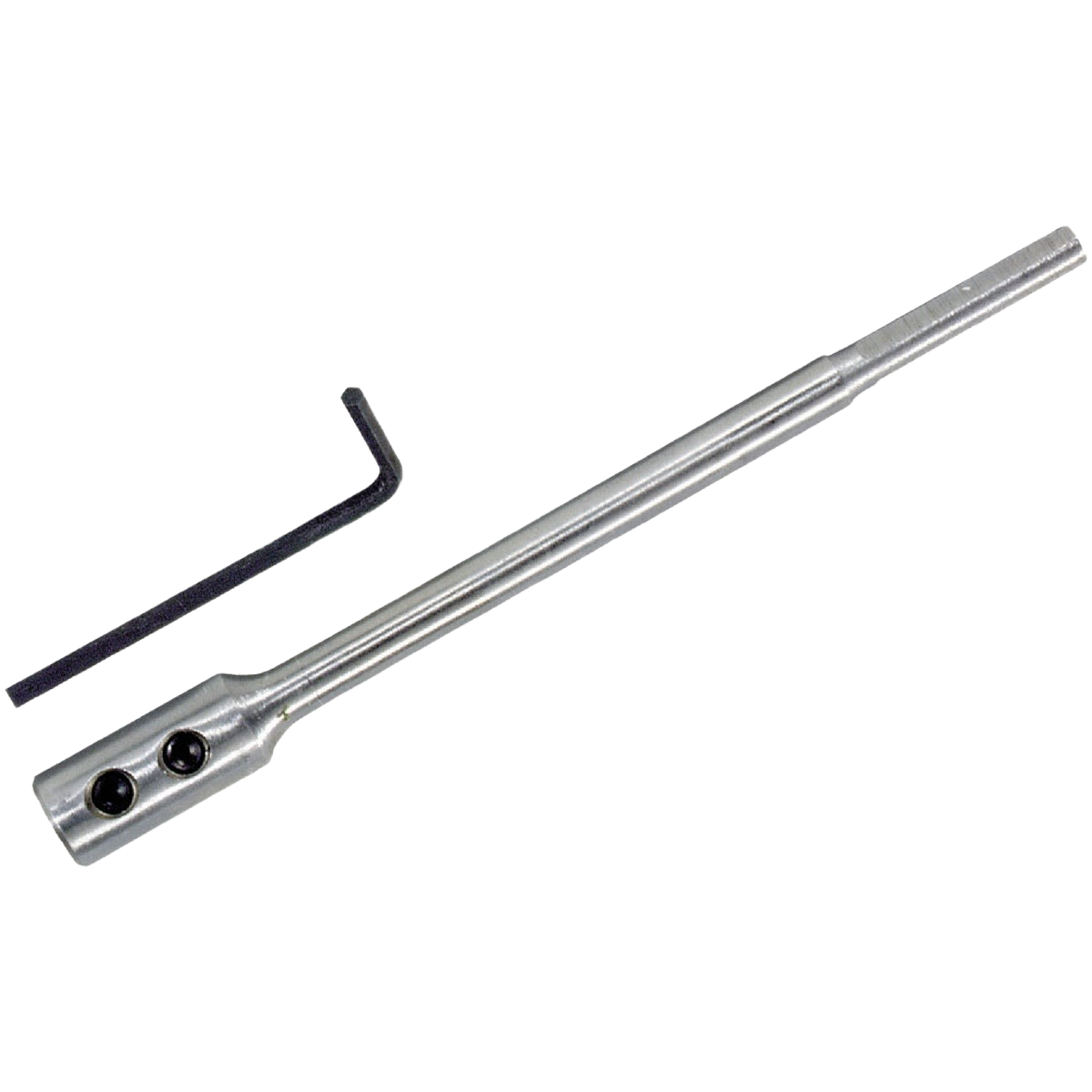 Metal drill bit extension with double set screws and included Allen wrench for tool accessories and home improvement projects
