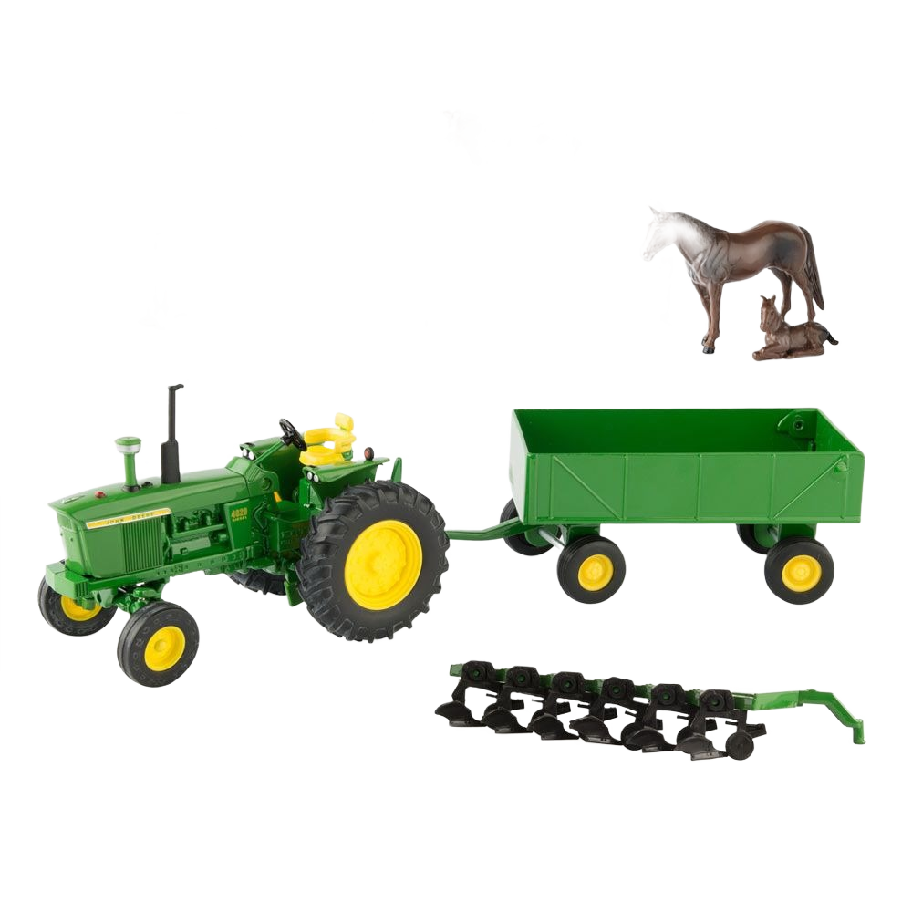 Green and yellow farm toy set with tractor, trailer, plow attachment, and brown horse figures