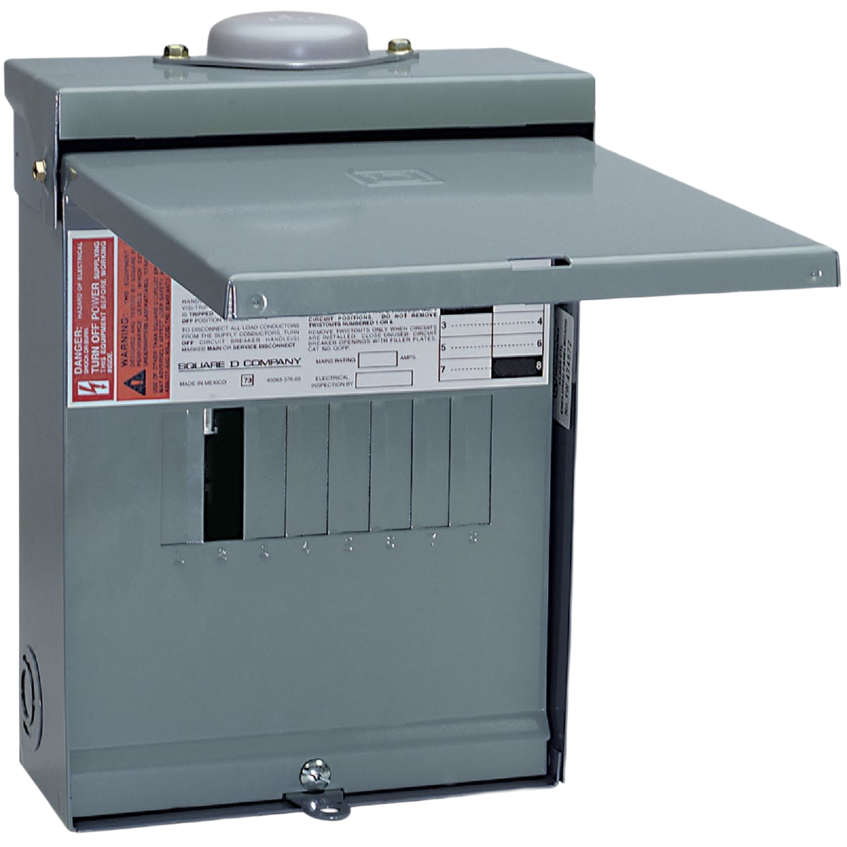 Gray metal electrical load center with open hinged cover for home improvement and tools applications