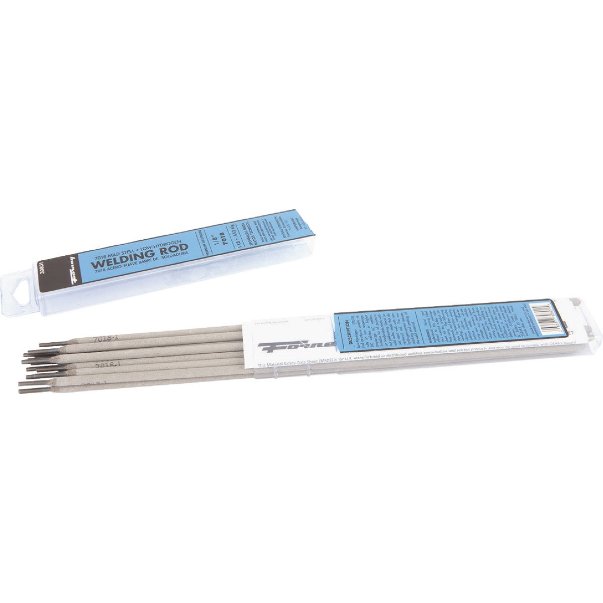 Set of mild steel low hydrogen electrodes with blue packaging for welding and home improvement use