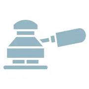Simplified blue graphic of a handheld orbital sander with a rounded base and side handle, representing tools for home improvement tasks.