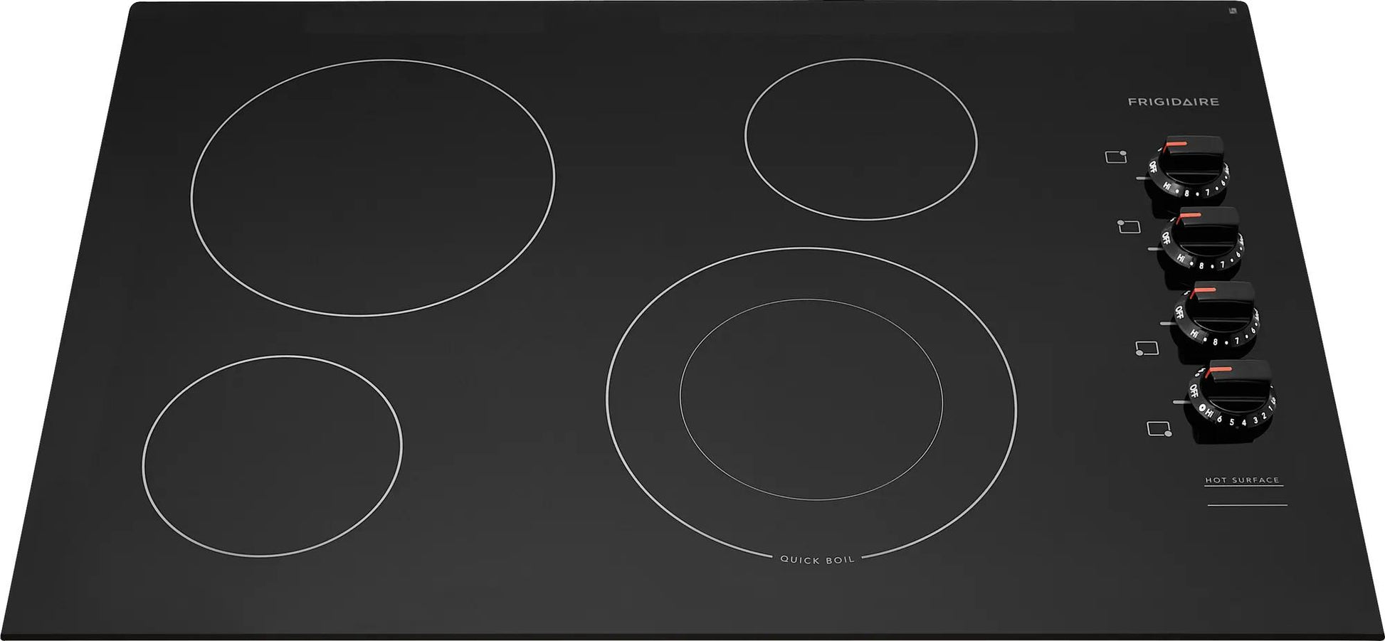 Black frameless electric cooktop with four electric burners and rotary temperature controls in kitchen appliance collection