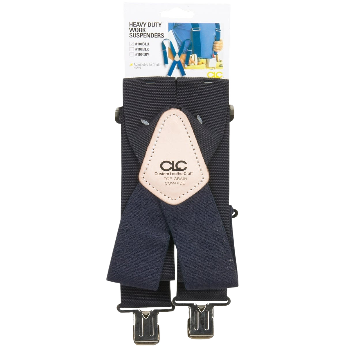 Black heavy-duty work suspenders with leather detail and metal clips for tools and home improvement tasks