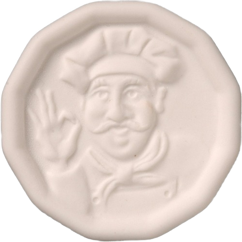 Round beige ceramic disc embossed with a chef making an OK gesture, for kitchenware and cooking use collections