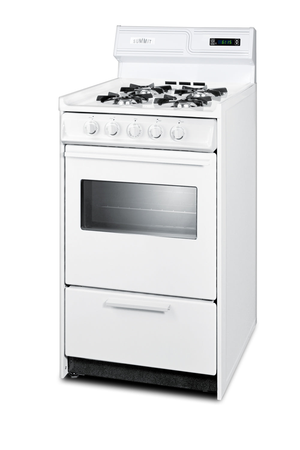 Compact white gas range with four burners and oven window for kitchen and home improvement collections