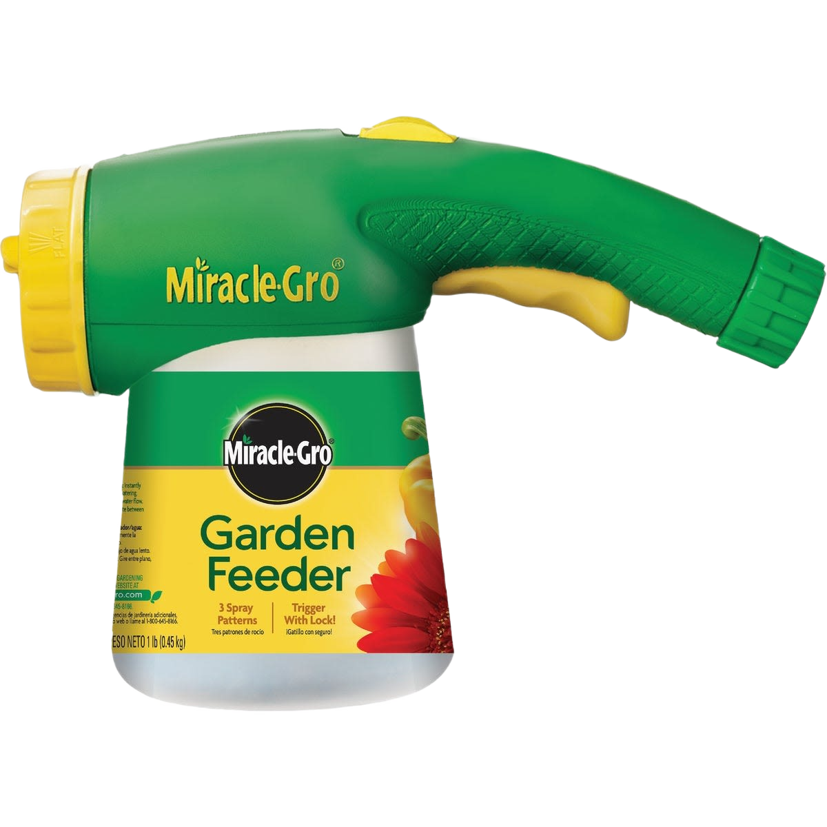 Green and yellow handheld garden feeder sprayer for easy plant food application in lawn care and plant care tasks