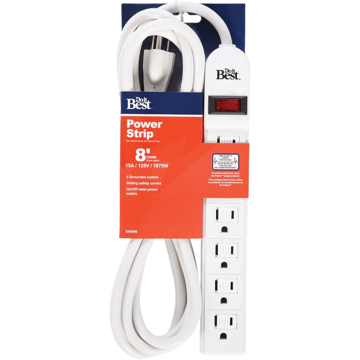 White power strip with six grounded outlets and 8-foot cord for home improvement in Electrical and Under $50 collections