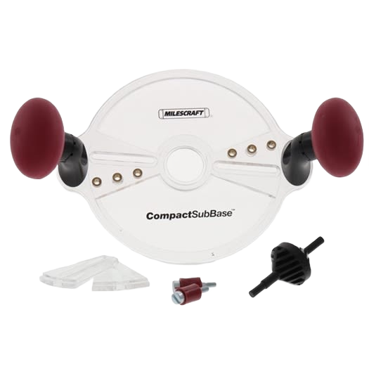 Compact router sub base with ergonomic red handles and accessory components for precision woodworking tasks and home improvement