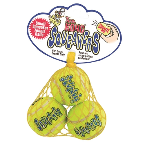 Three small yellow squeaky tennis balls in a yellow mesh bag for small dog breeds in pet toy collections