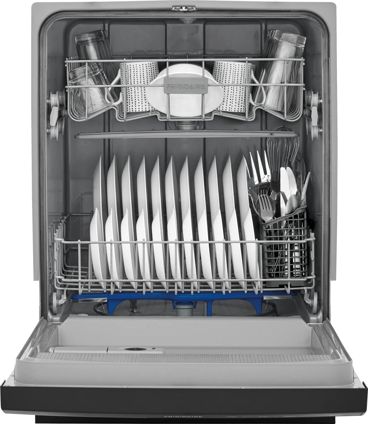 Open built-in dishwasher loaded with plates, utensils, and glasses, designed for kitchen and home improvement use