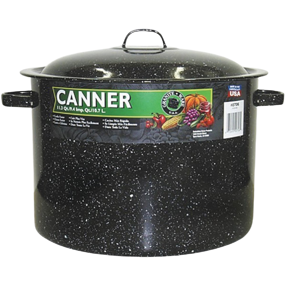 Large black speckled preserving canner with lid and side handles for home canning and food preservation tasks
