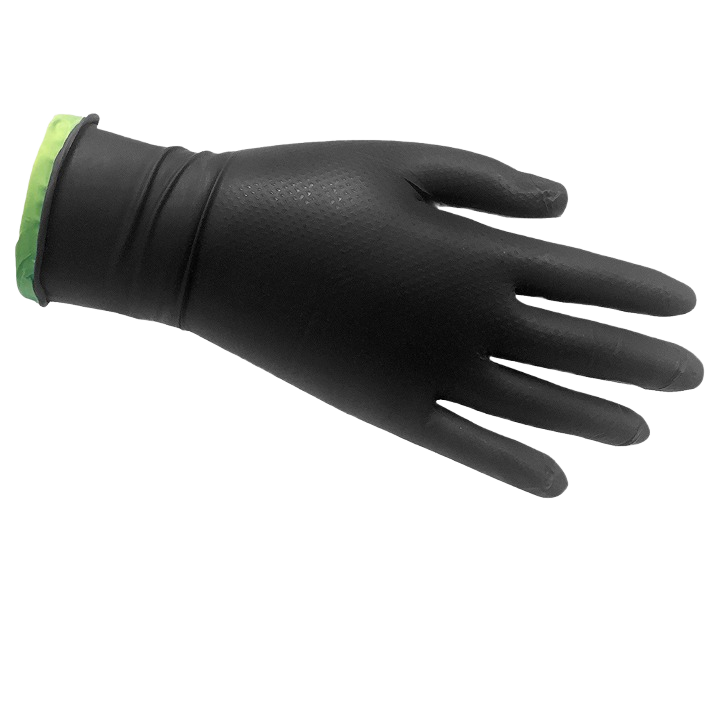 Black nitrile protective glove with textured grip and green cuff, suitable for home improvement and paint supplies tasks