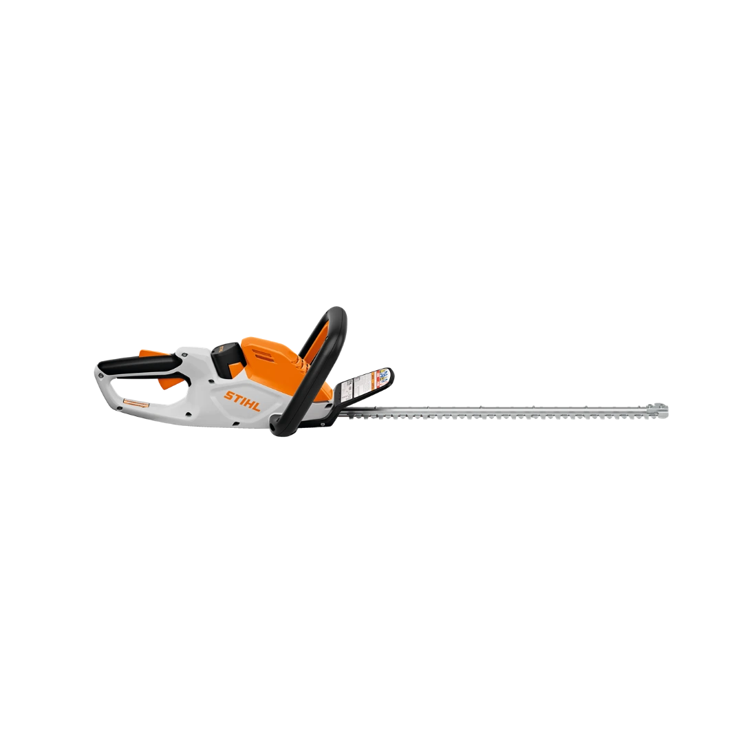 White and orange battery-powered hedge trimmer with 20-inch dual-action blades for home improvement tasks