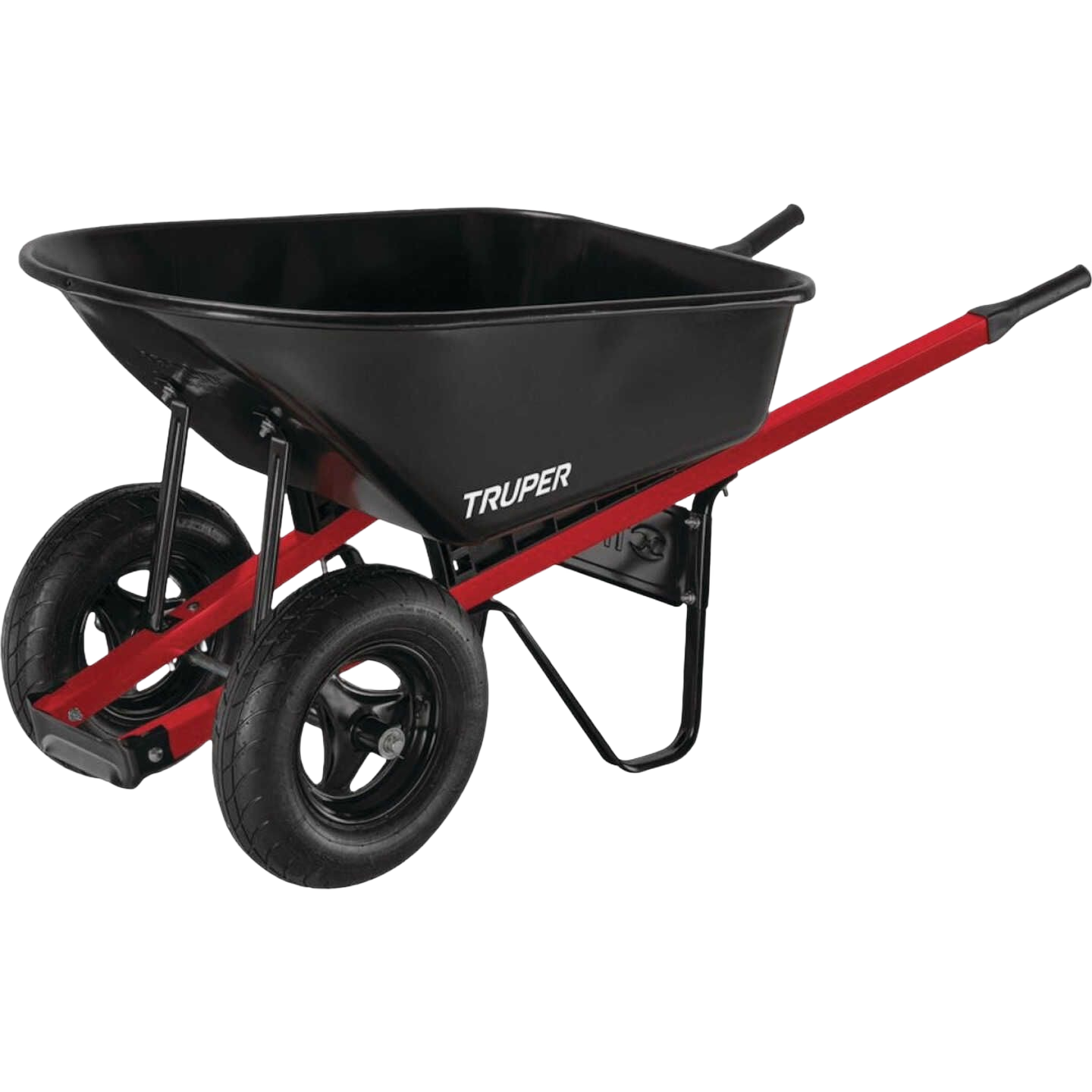 Dual wheel steel wheelbarrow with red handles and black basin for gardening and outdoor tool use