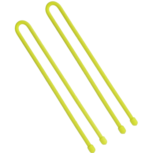 Two neon yellow reusable rubber twist ties for organizing cables in electrical and home improvement tools collection