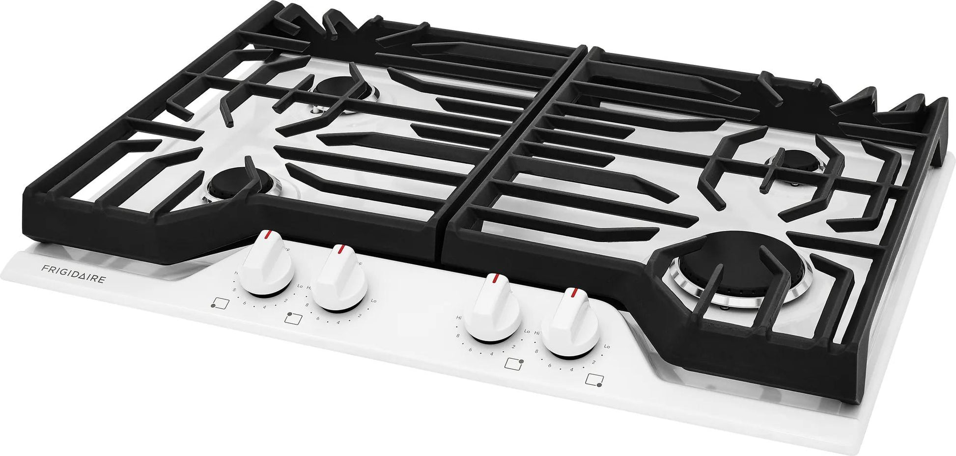 White 30-inch gas cooktop with four burners and continuous edge-to-edge grates in kitchenware and cooktops collection