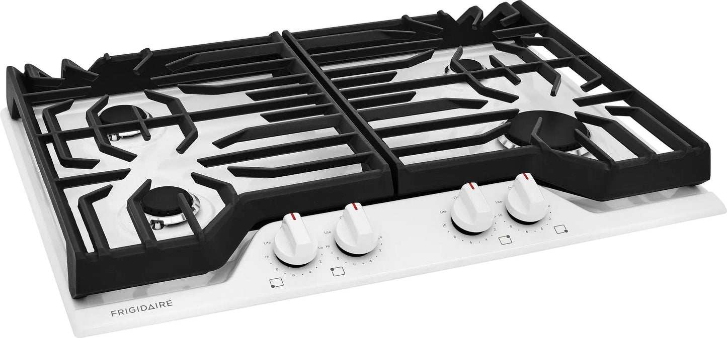 White 30-inch gas cooktop with four burners and continuous edge-to-edge grates in kitchen appliances collection