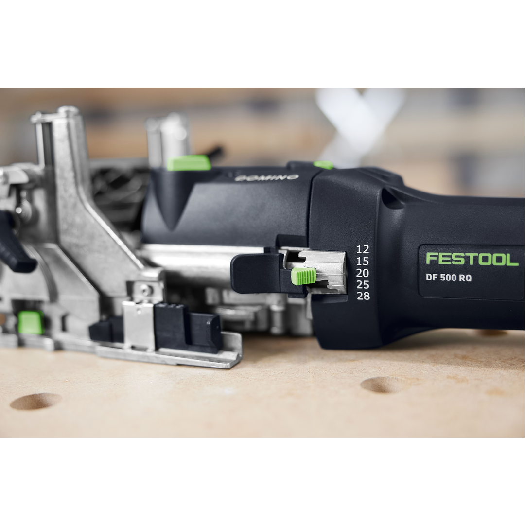 Close-up of a Festool DF 500 RQ woodworking joiner showing depth adjustment settings on a precision power tool from the Woodworking Power Tools collection.