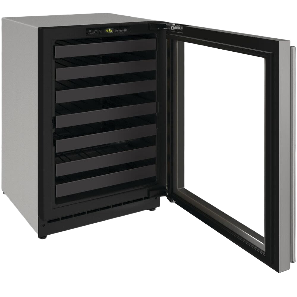 Open dual zone wine cooler with black shelving and glass door in refrigerators and kitchenware collection