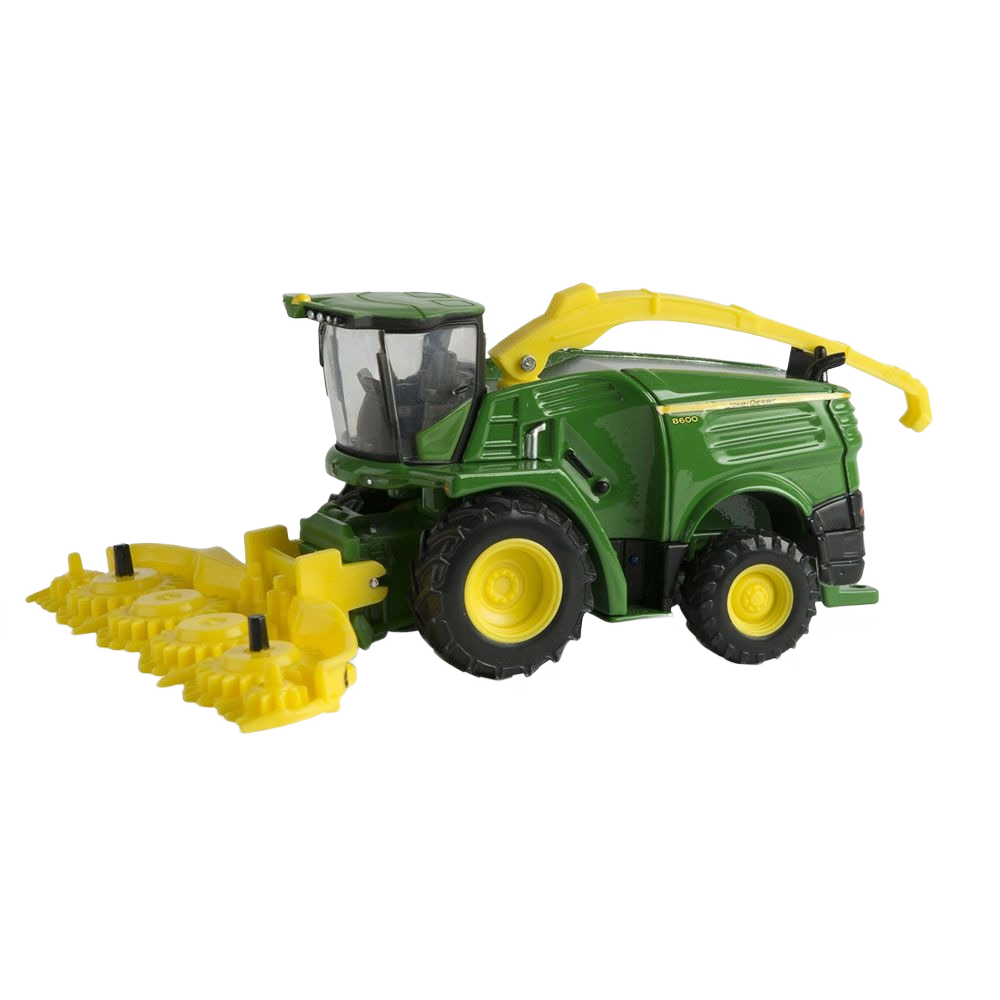 Green and yellow John Deere forage harvester toy with a 770 corn header, part of John Deere Toys collection