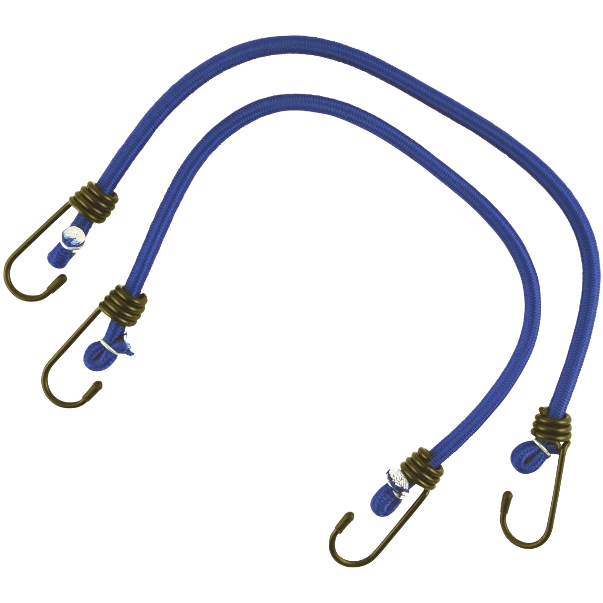 Pair of blue vinyl coated steel bungee cords with metal hooks for securing items in tools and home improvement projects