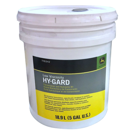 White 5-gallon plastic bucket of low viscosity hydraulic and transmission oil for tools and home improvement use
