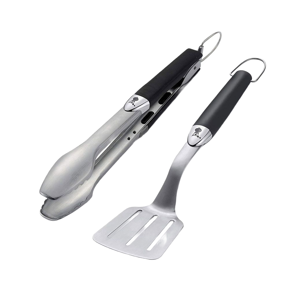 Compact stainless steel spatula and locking tongs set with black handles for grilling in outdoor living accessories