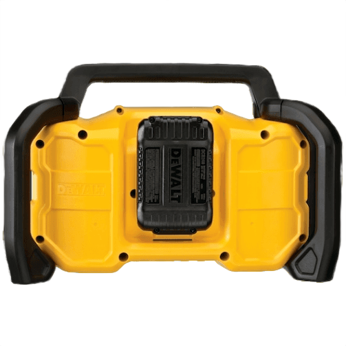 Yellow and black cordless Bluetooth jobsite radio with rugged handle and battery slot for tools and home improvement projects