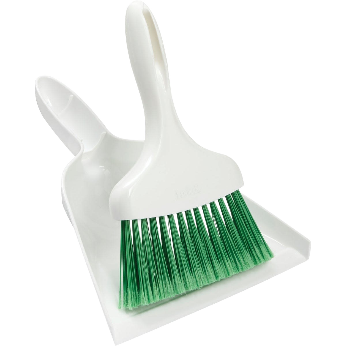 White plastic dustpan paired with a green bristle whisk broom for cleaning tools and home improvement tasks