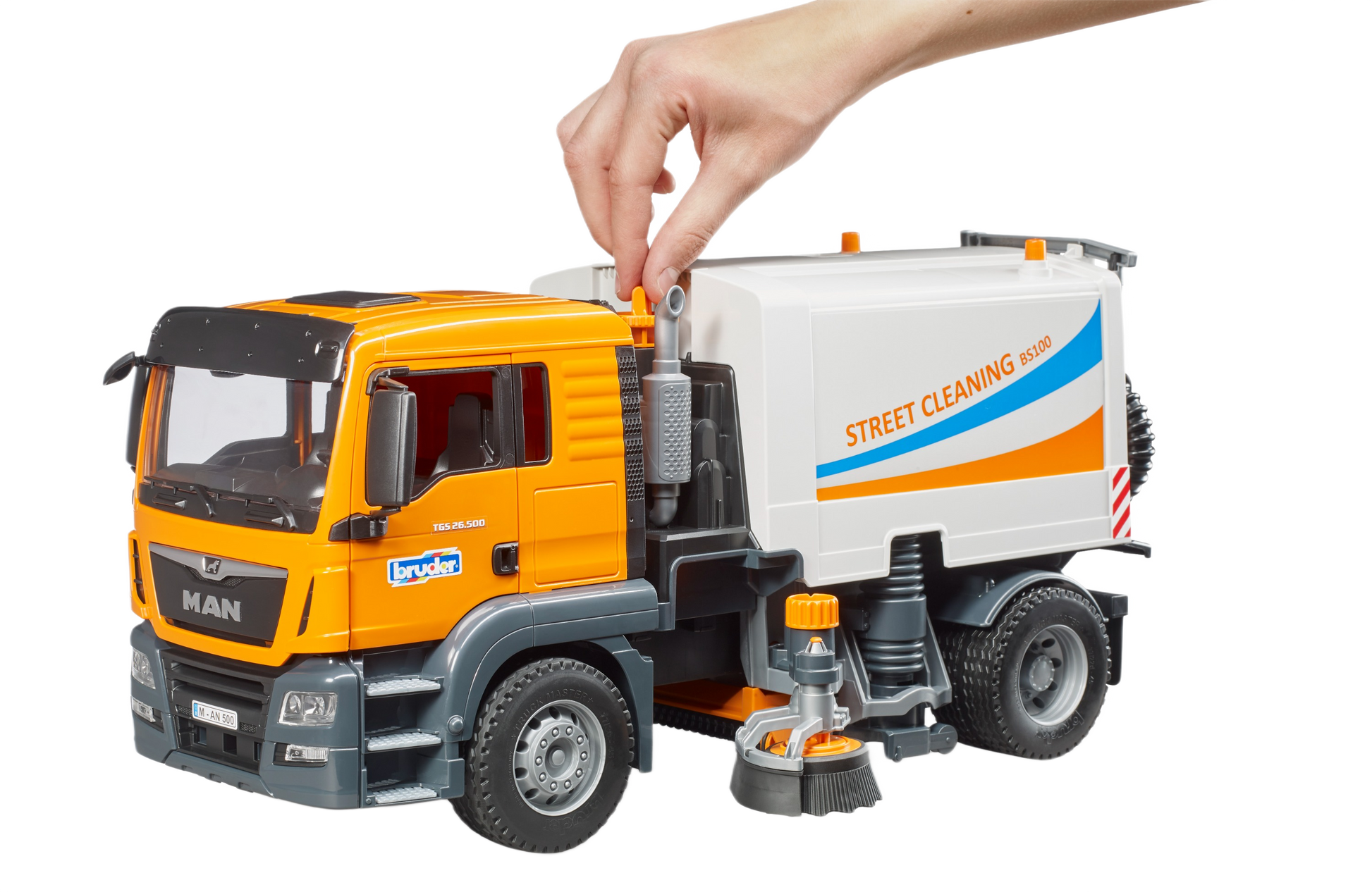 Detailed orange and white street sweeper toy from Bruder Toys in Vehicles & Remote Controlled Toys and Toys & Games collections