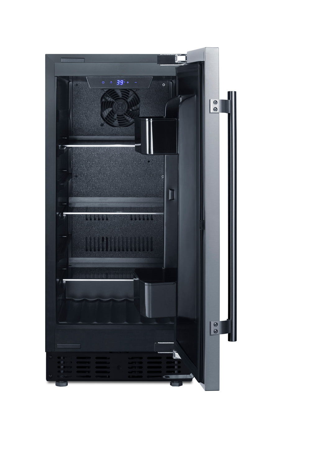 Slim built-in undercounter refrigerator with glass door, digital temperature display, and stainless steel handle in appliances collection