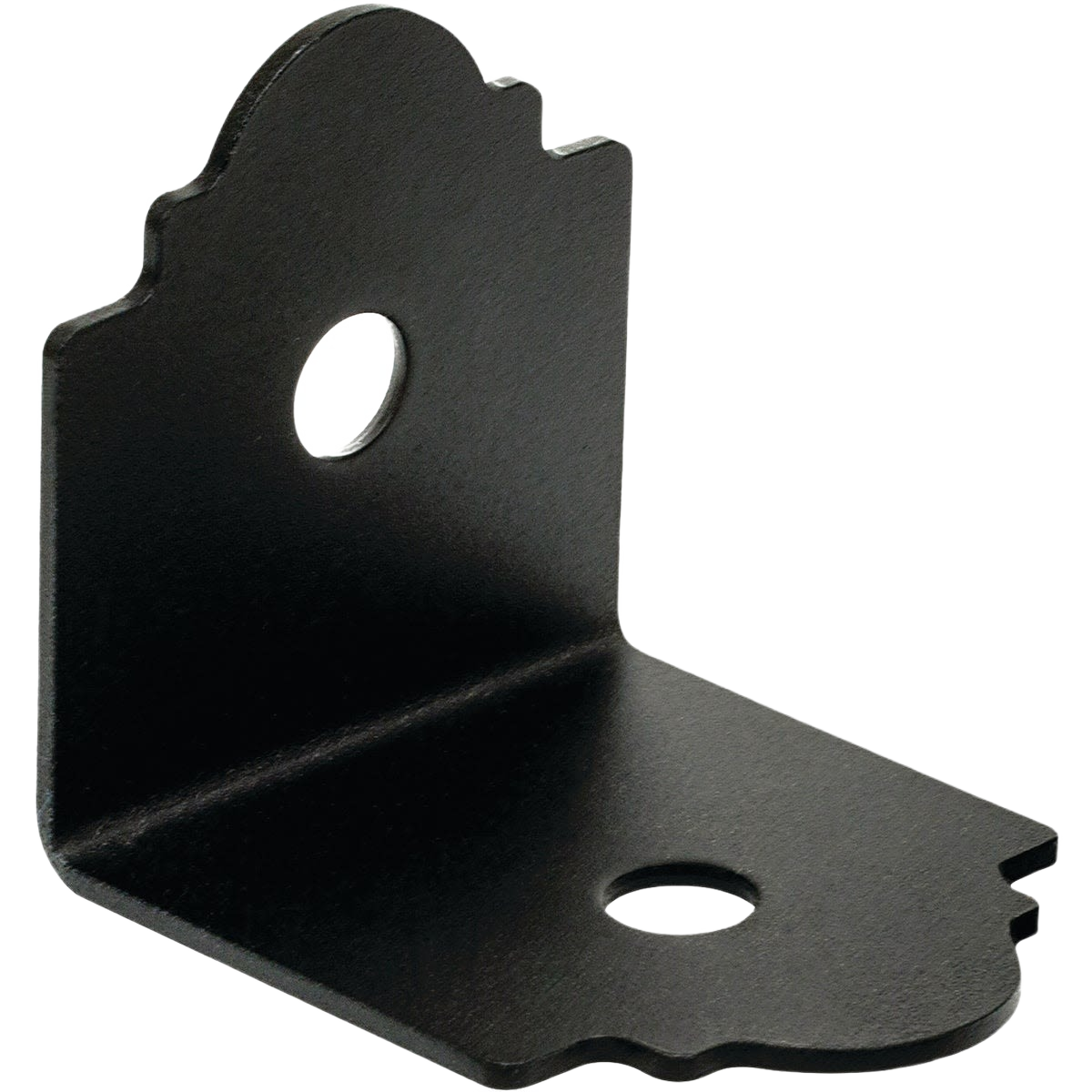 Black metal angle bracket with decorative edges and mounting holes for lumber and building materials under $50 collection