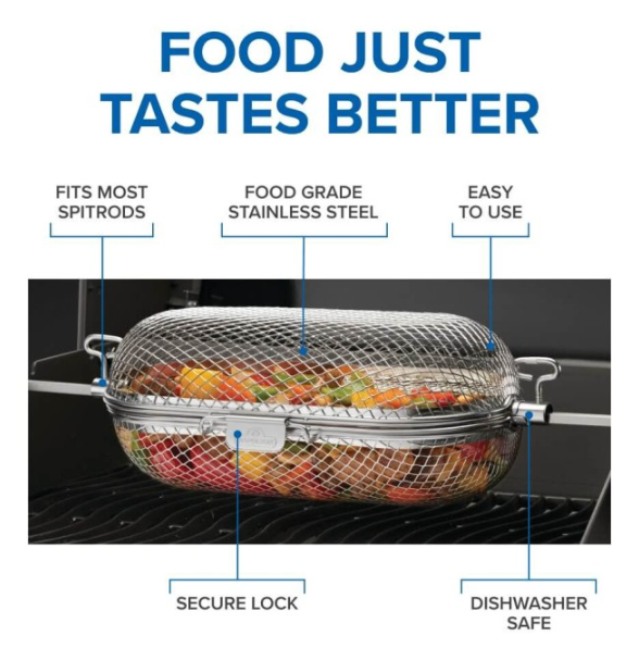 Napoleon stainless steel rotisserie basket with mesh design, secure lock, fits most spit rods, dishwasher safe, and easy to use for grilling vegetables and wings.
